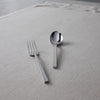 Modern Stainless serving set with fork and spoon on a table cloth