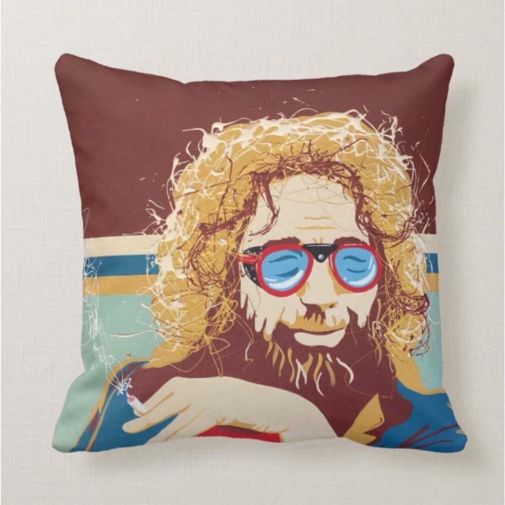 Jerry Garcia illustrated Throw Pillow by shannon henn with jerry wearing ski goggles on a white background