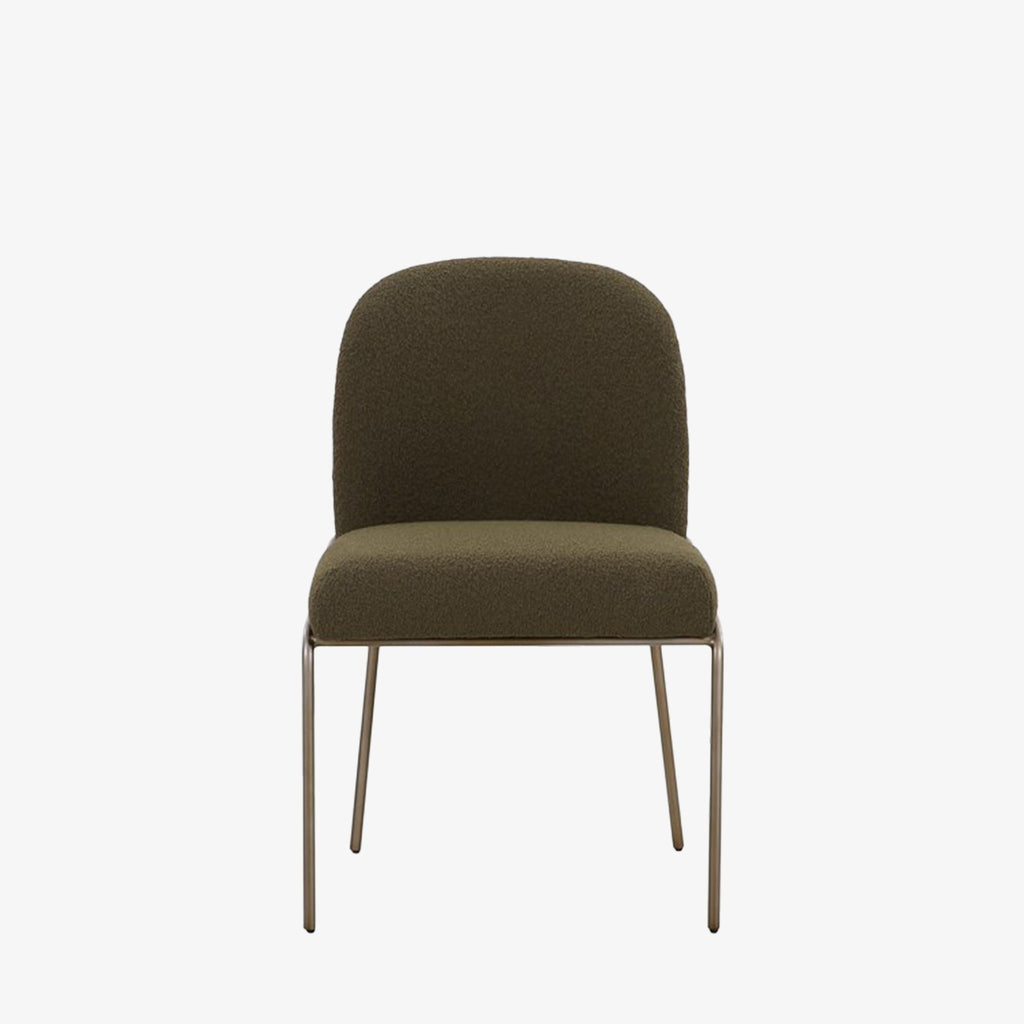 Four Hands Brand Astrud dining chair with boucle olive fabric seat and back and iron legs on a white background