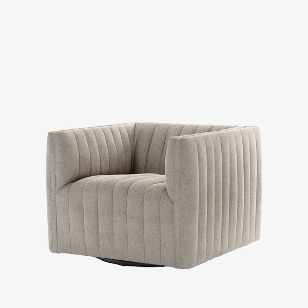 Four hands brand Augustine swivel chair in orly natural high performance grey fabric on a white background