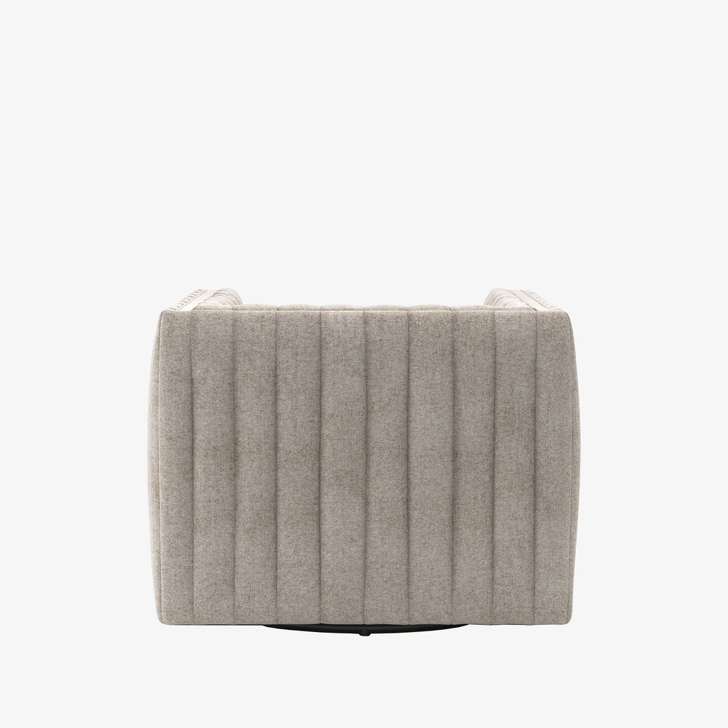 Rear view of Four hands brand Augustine swivel chair in orly natural high performance grey fabric on a white background 
