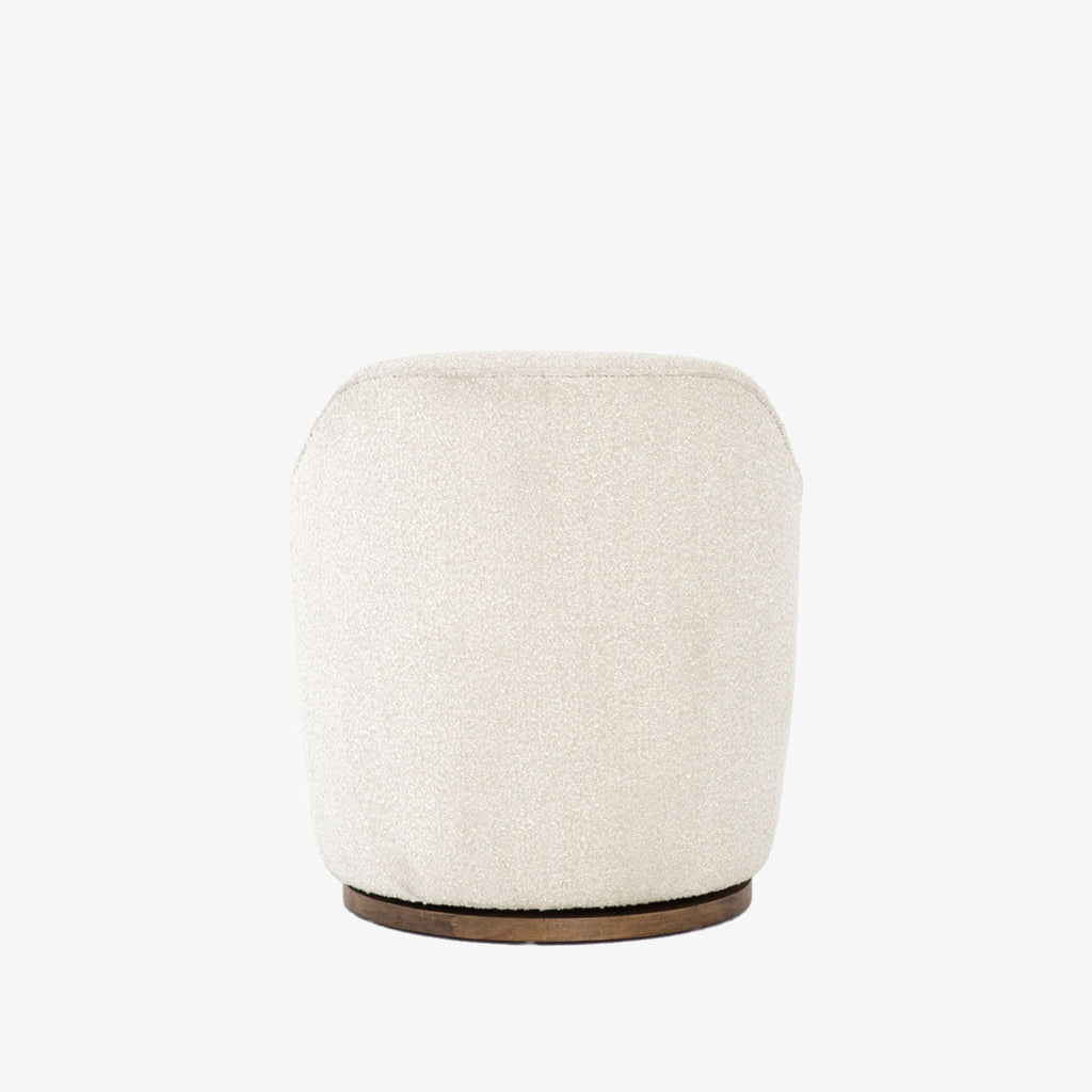 Rear view of Aurora swivel chair in Knoll natural creme color by Four Hands Furniture brand with wood base on a white background