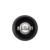 Close up of bottom of Peugeot Bali Fonte black cast iron pepper mill on a white background
