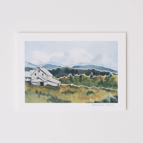 Watercolor artwork of Vermont mountains and white barn by Zarabeth Duell on a white background