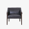 Four Hands Furniture brand Bauer chair in chaps ebony with stained wood legs and leather buckled straps on a white background