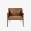 Four Hands Furniture brand Bauer chair in taupe leather with stained wood legs and leather buckled straps on a white background