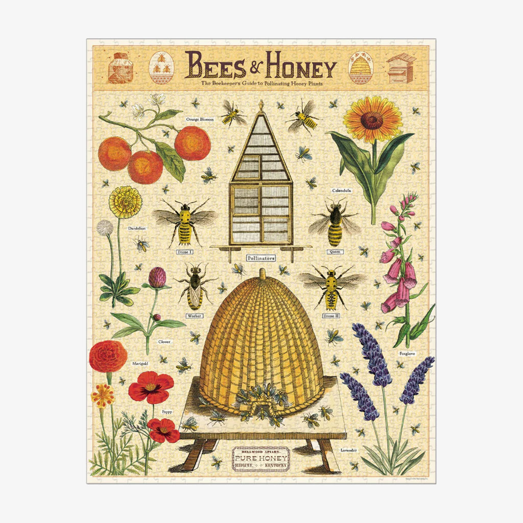 Yellow 'Bees and honey' puzzle by Cavallini paper company on a white background