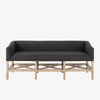 Grey upholstered accent bench with trellis wood base and small bolster back and nail head finish