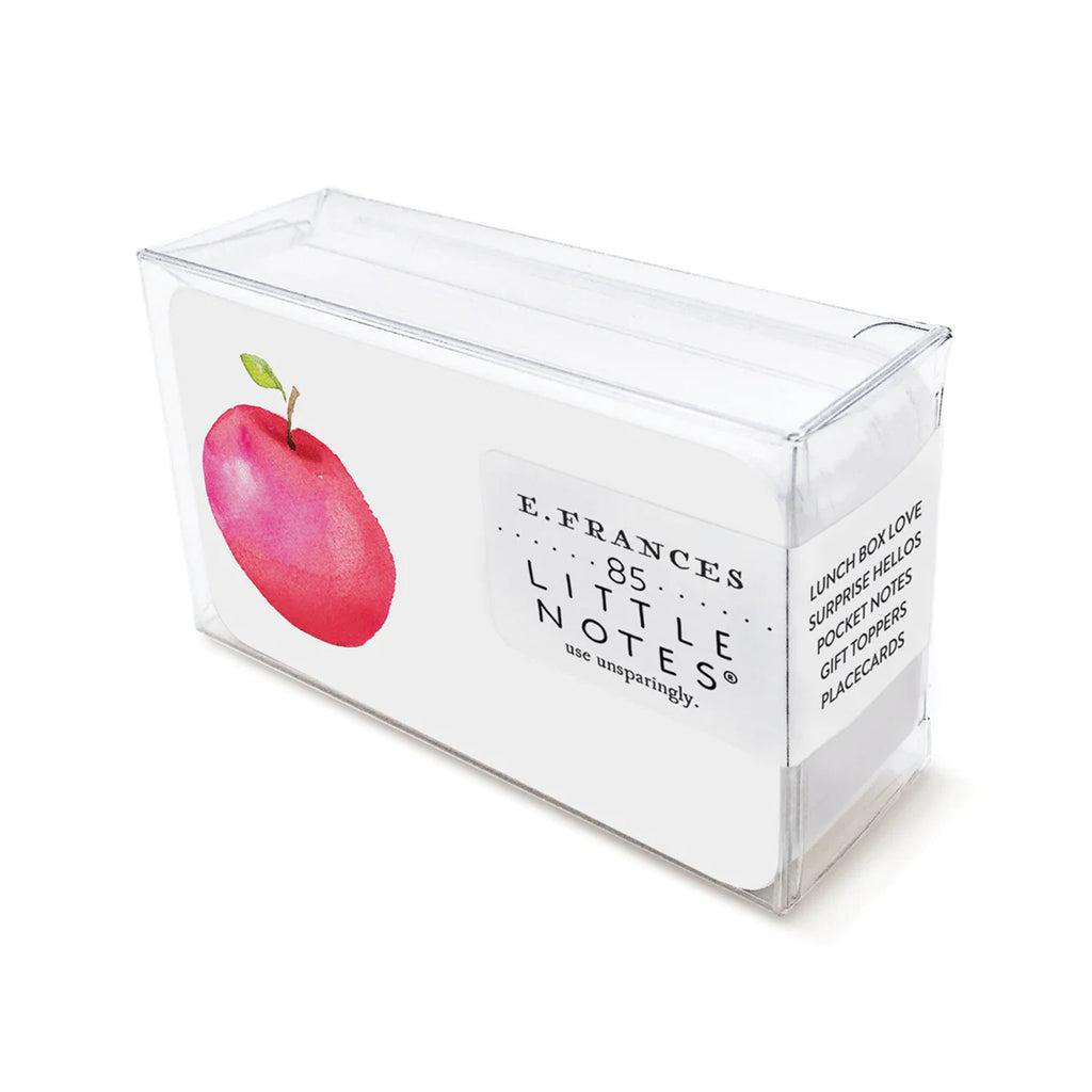 Box of E frances Little Notes with apple on a white background