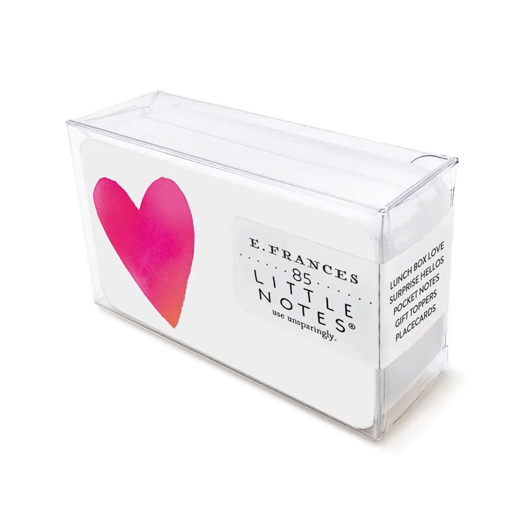 E francés brand little note cards with red heart in clear box on a white background