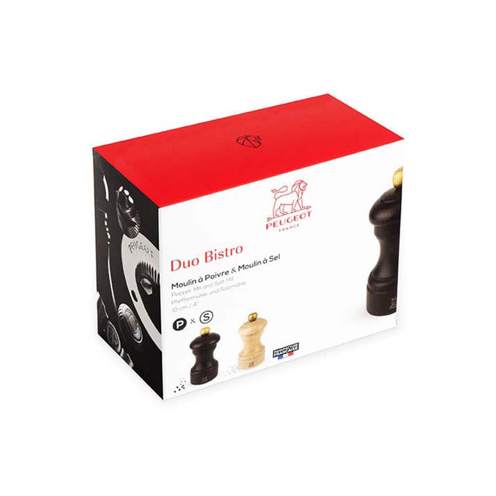 Box for Peugeot Paris bistro salt and pepper mill set in natural and chocolate on a white background