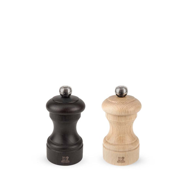 Peugeot Paris bistro salt and pepper mill set in natural  and chocolate on a white background