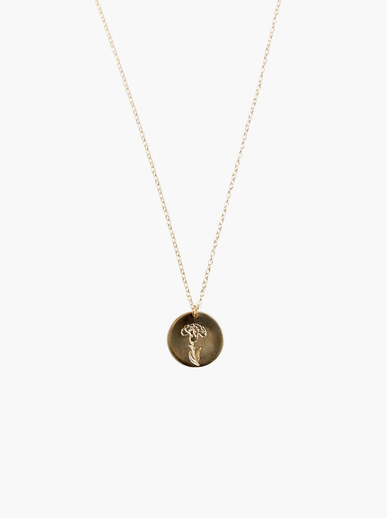 Able brand Bloom birth month carnation necklace in 14 carat gold fill on a white background