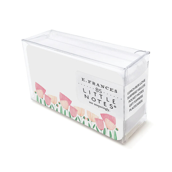 E francés brand little note cards with pink tulip blooms in clear box on a white background