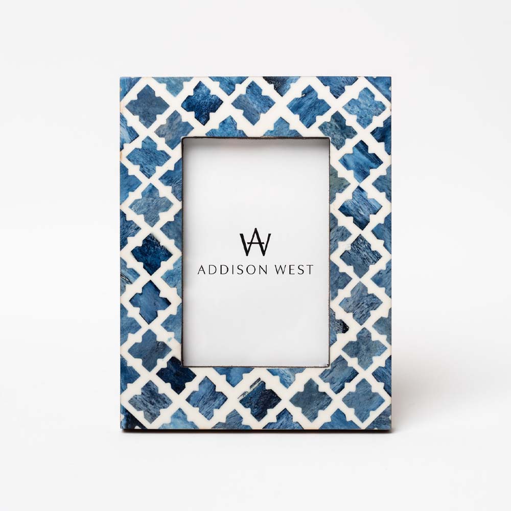 Two's company blue mosaic picture frame with geometric patterns on a white background