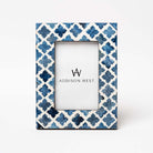 Two's company blue mosaic picture frame with geometric patterns on a white background