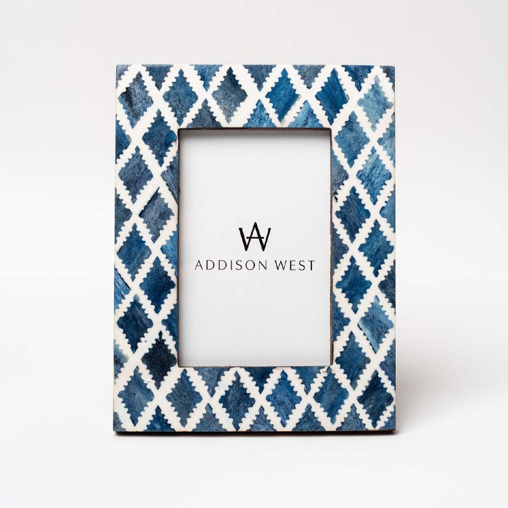 Two's company brand blue mosaic picture frame with geometric patterns on a white background