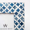 Close up of Two's company blue mosaic picture frame with geometric patterns on a white background