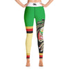 View of back Model wearing Bob Marley green and yellow après ski yoga leggings by Shannon Hemm on model with white background