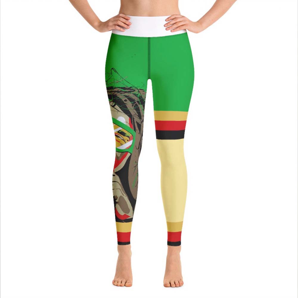 Model wearing Bob Marley green and yellow après ski yoga leggings by Shannon Hemm on model with white background 