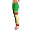 View of side Model wearing Bob Marley green and yellow après ski yoga leggings by Shannon Hemm on model with white background