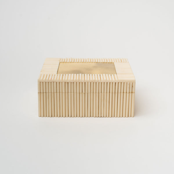 White rectangular box made of bone Redding with brass inset on a white background