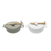 White and grey brie bakers side by side on a white background