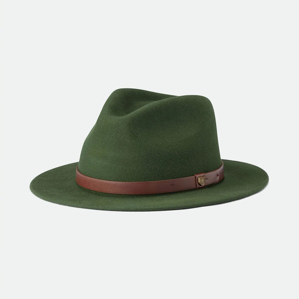 Brixton brand Messer fedora hat in moss green on a white background