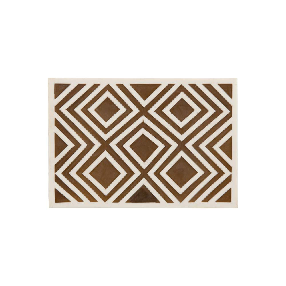 Top view of brown and white geometric inlay box on a white background