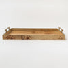 Burl wood tray with brass handles on a white background