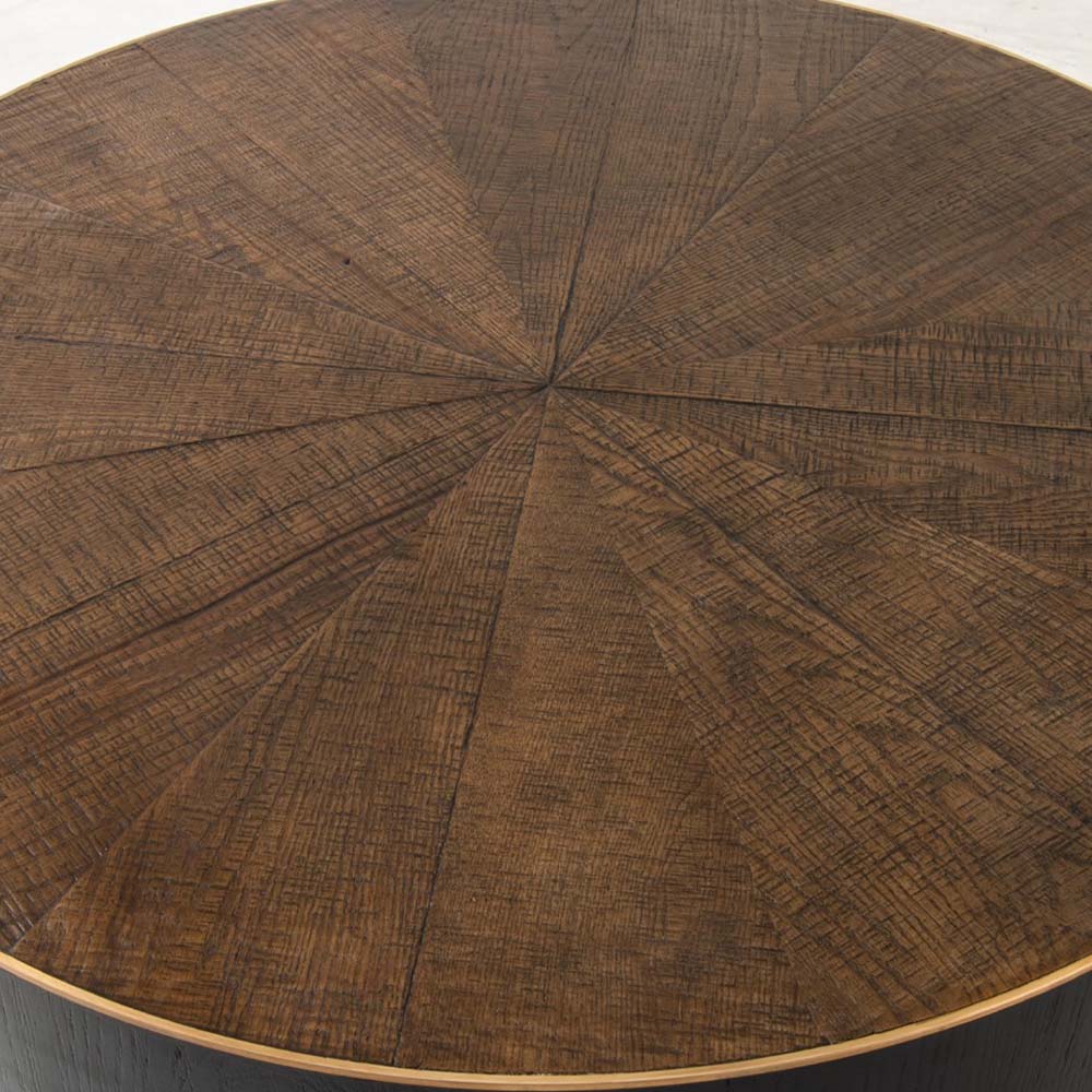 Dark wood 'Perry' coffee table with wood inlay and brass detailing by four hands furniture on a white background