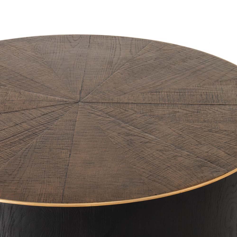 Dark wood 'Perry' coffee table with wood inlay and brass detailing by four hands furniture on a white background