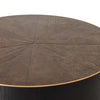Dark wood 'Perry' coffee table with wood inlay and brass detailing by four hands furniture on a white background
