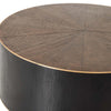 Dark wood 'Perry' coffee table with wood inlay and brass detailing by four hands furniture on a white background