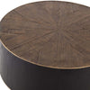 Dark wood 'Perry' coffee table with wood inlay and brass detailing by four hands furniture on a white background