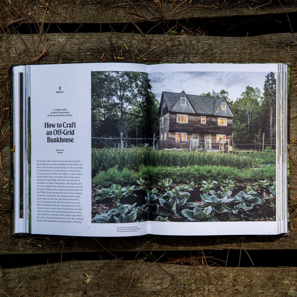 Inside pages of book 'cabin porn' with hope and garden in front 