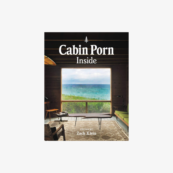 Front cover of book titled 'cabin porn' with small sofa and dining table in wood beamed room looking over dunes and ocean