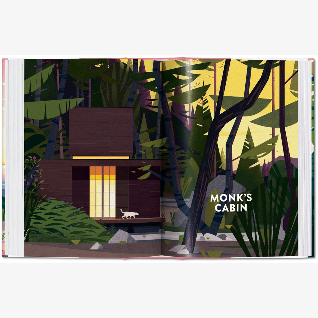 Inside pages of Taschen Cabins book on a white background
