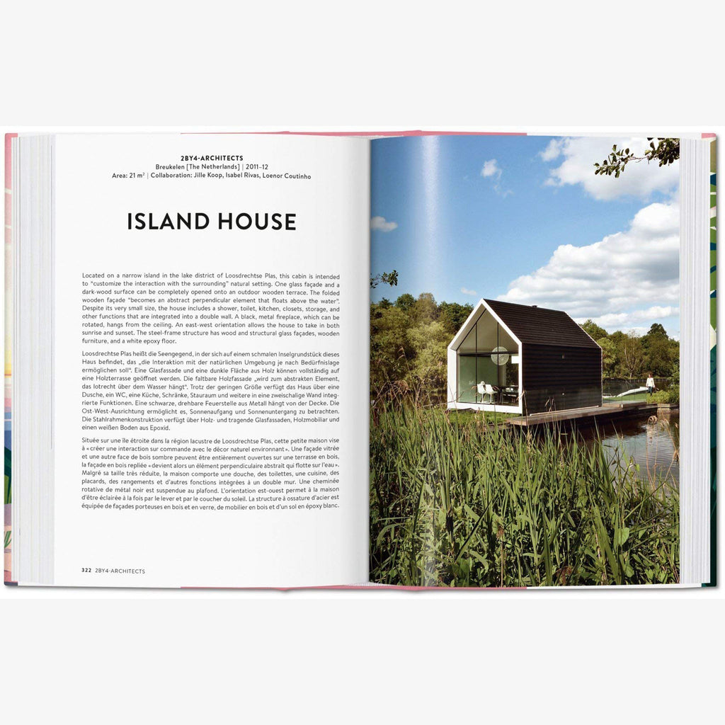 Inside pages of Taschen Cabins book on a white background