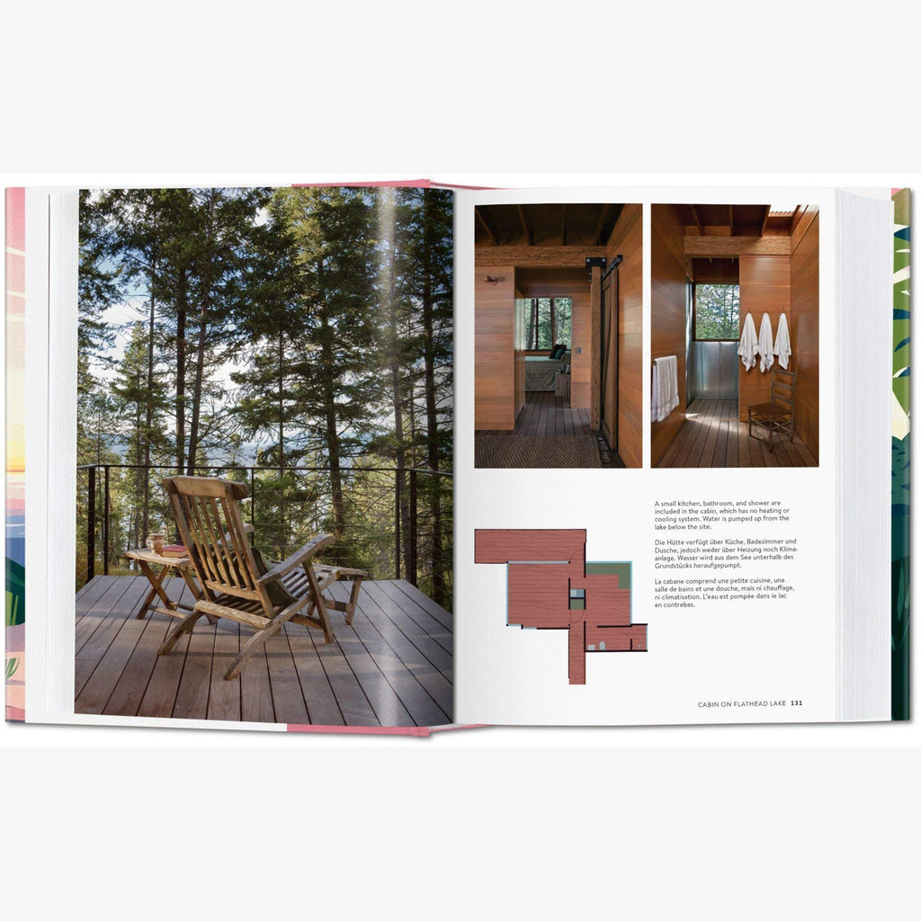 Inside pages of Taschen Cabins book on a white background