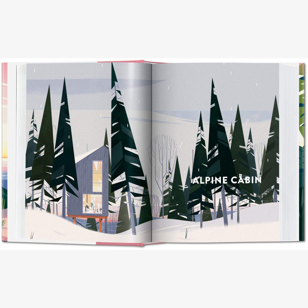 Inside pages of Taschen Cabins book on a white background