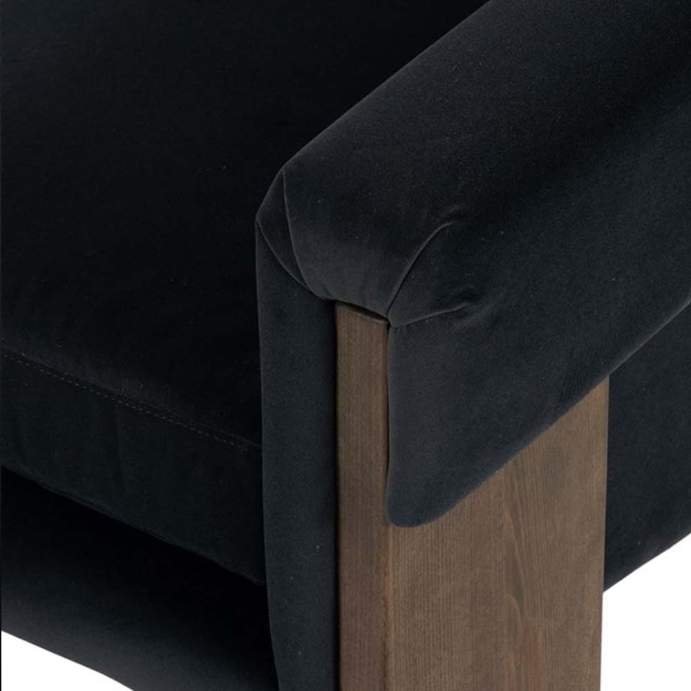 Close up of arms on Four Hands Furniture Cairo chair in modern velvet smoke with dark wood legs 