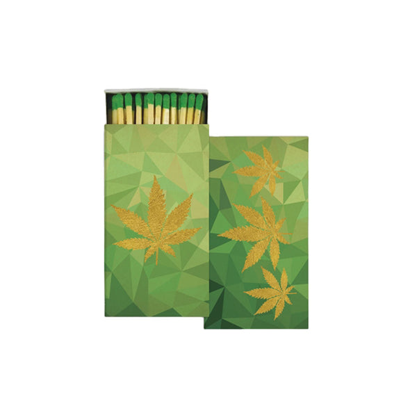 Green match box with cannabis leaf on front