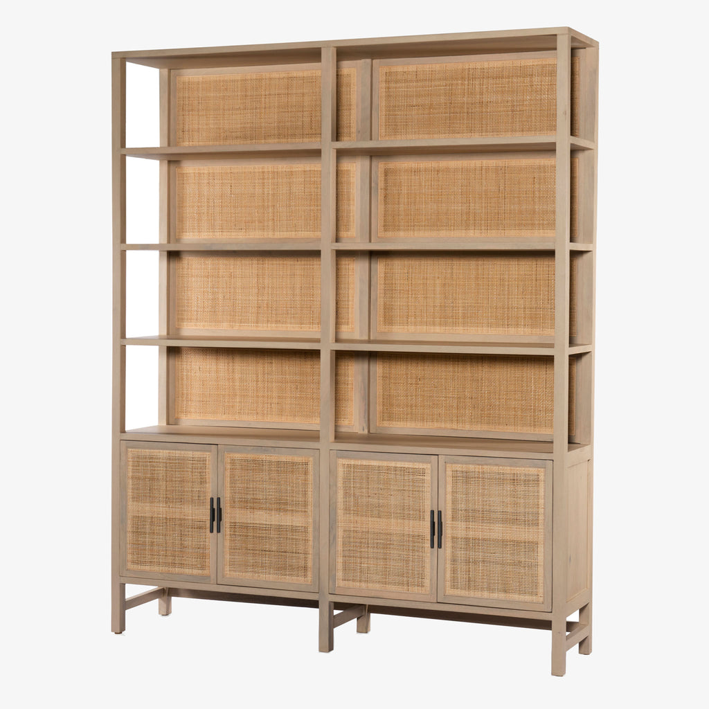 Four hands brand caprice book case with light wood and rattan and doors below with iron pulls