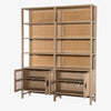 Four hands brand caprice book case with light wood and rattan and doors below with iron pulls and open doors