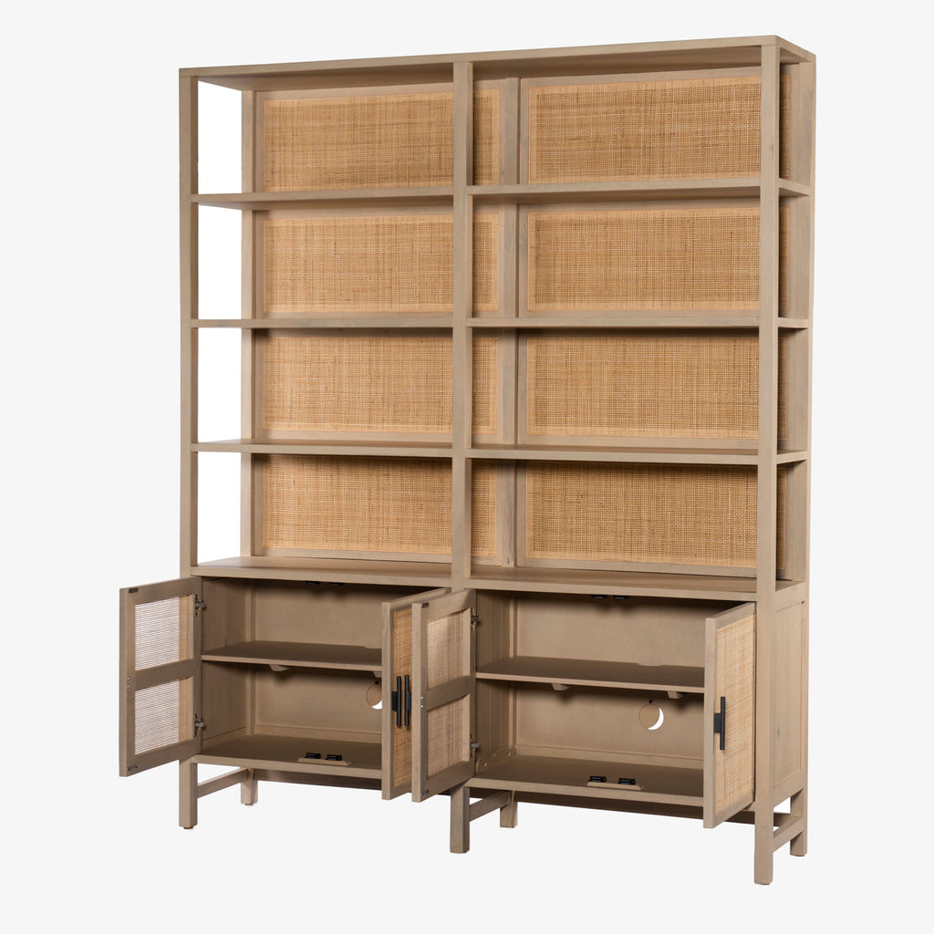Four hands brand caprice book case with light wood and rattan and doors below with iron pulls and open doors