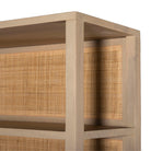 Four hands brand caprice book case with light wood and cane and doors below with iron pulls