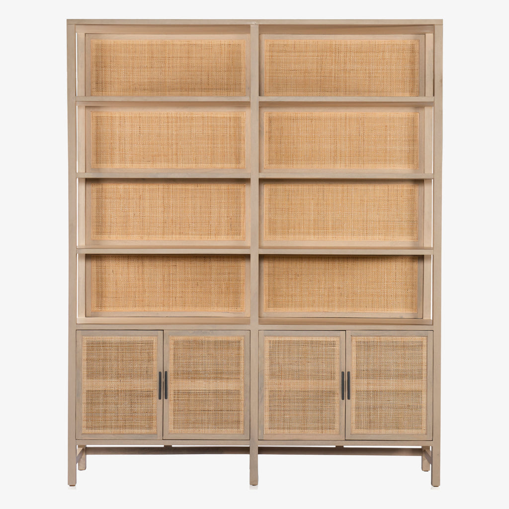Four hands brand caprice book case with light wood and rattan and doors below with iron pulls