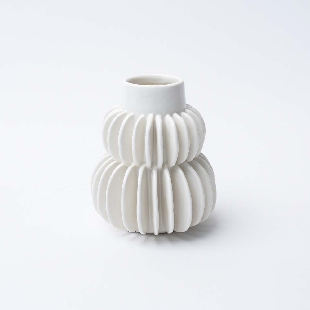 White Handmade Pleated Stoneware Vase on a white background