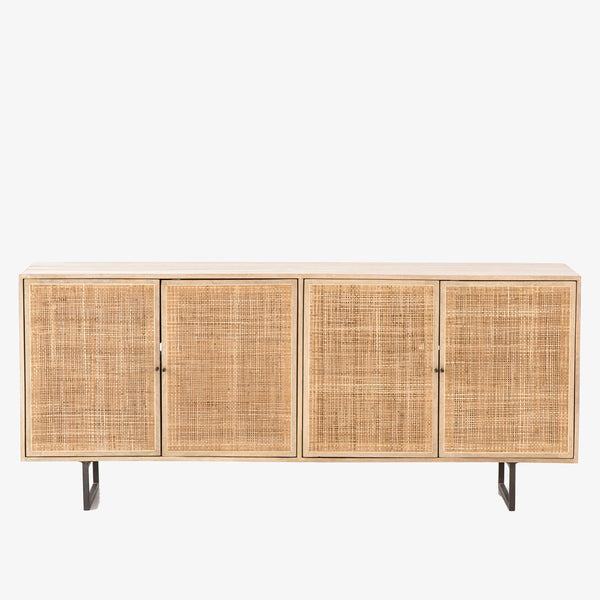 Four Hands furniture brand Carmel side board with four cane doors and metal legs. on a white background
